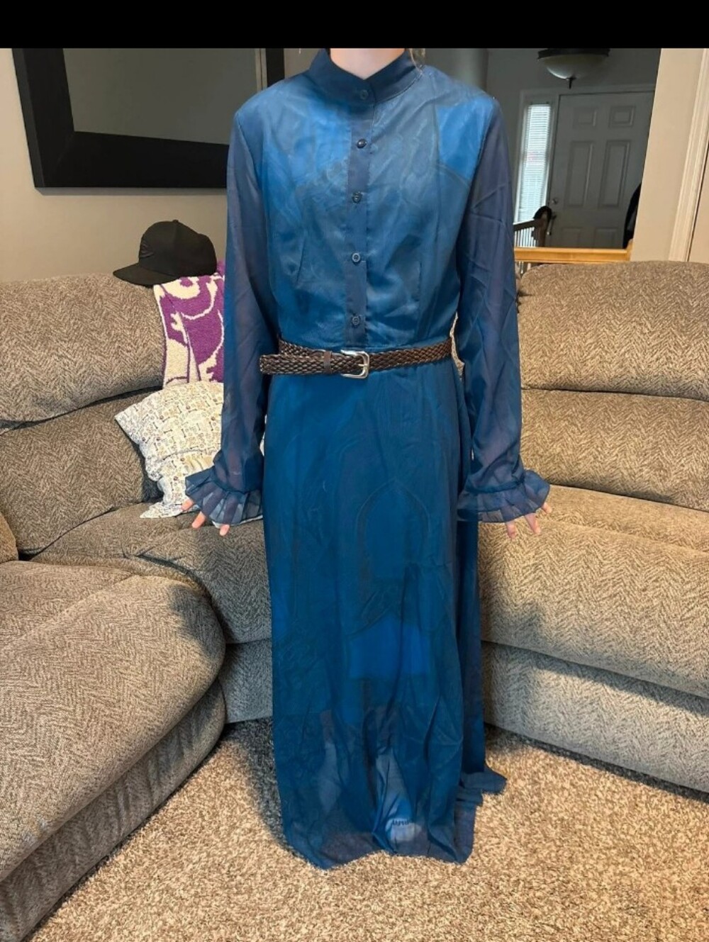 Classic Navy Blue Long-Sleeve Maxi Dress with Braided Belt